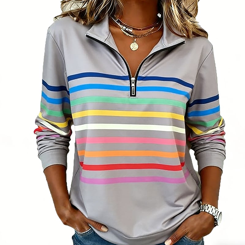 Half-Zip Collar Fashionable Rainbow Striped Sweatshirt