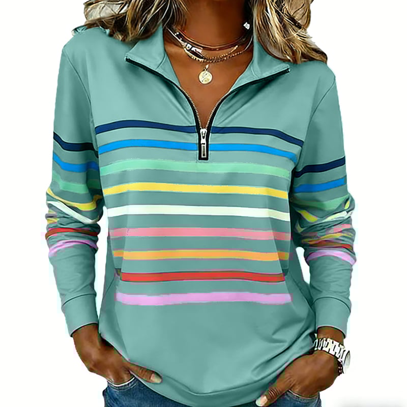 Half-Zip Collar Fashionable Rainbow Striped Sweatshirt