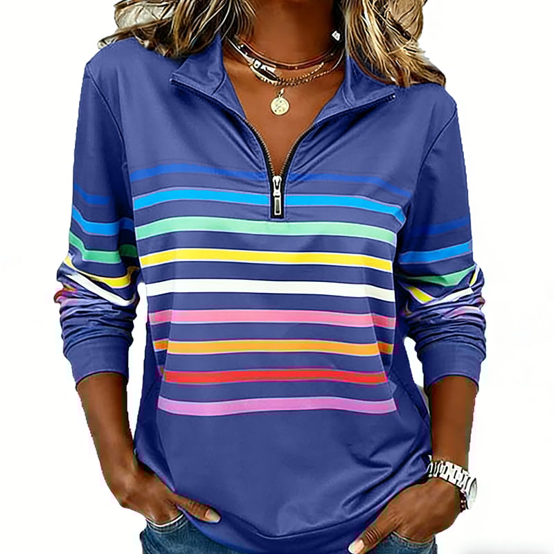 Half-Zip Collar Fashionable Rainbow Striped Sweatshirt