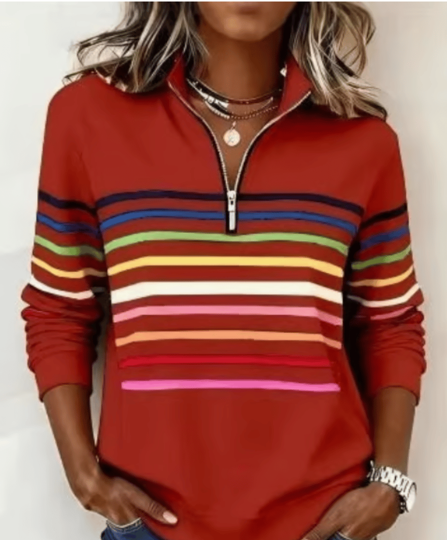 Half-Zip Collar Fashionable Rainbow Striped Sweatshirt