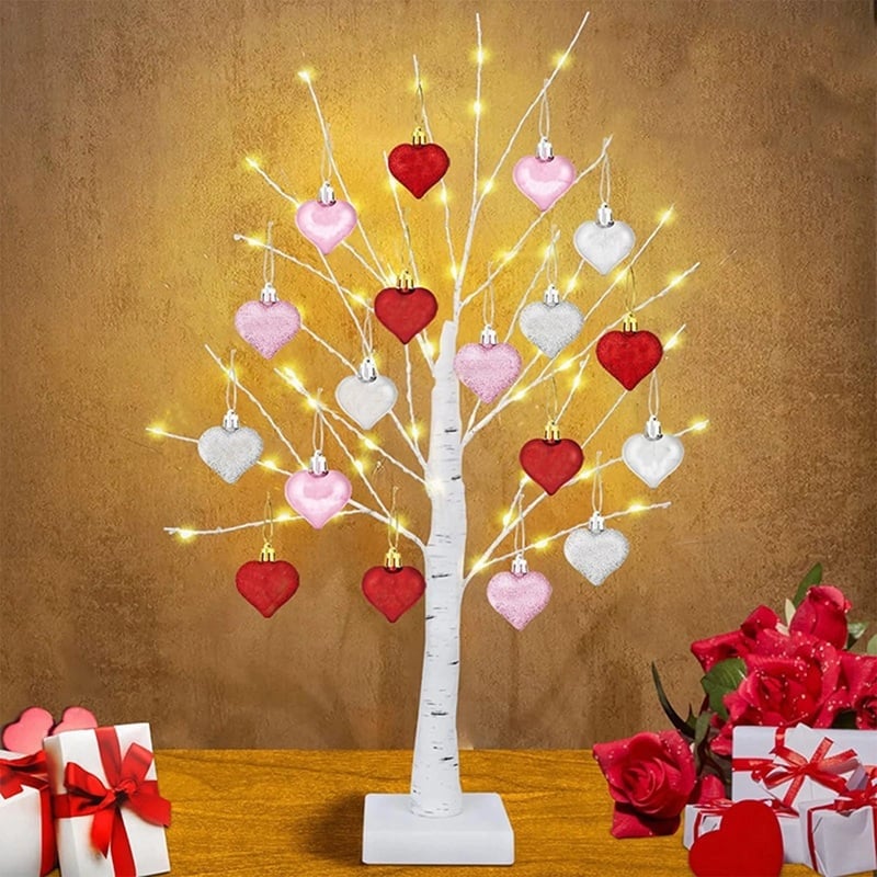 LED Tabletop Birch Tree with 18 Heart Ornaments
